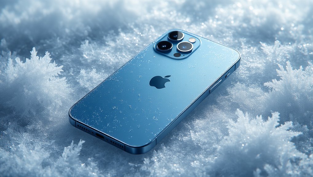 IPhone 13 Pro in Pacific Blue lying on snow, showcasing waterproof and premium design, perfect for tech enthusiasts and Apple lovers, available now during Sale is Live.