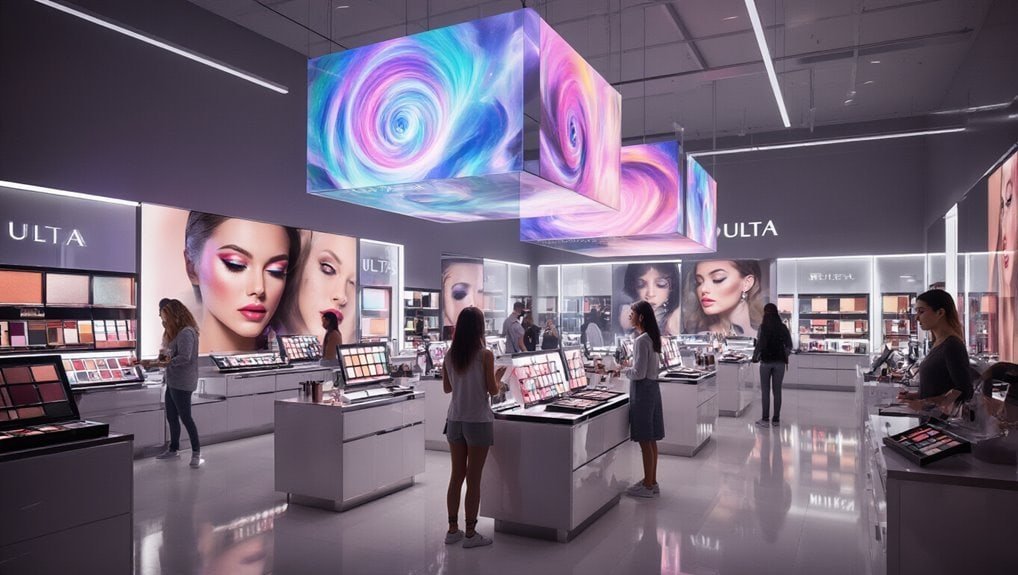 Brightly lit makeup store with large digital screens showcasing beauty models, featuring popular cosmetic brands like ULTA; customers browse and select makeup products in a modern shopping environment.
