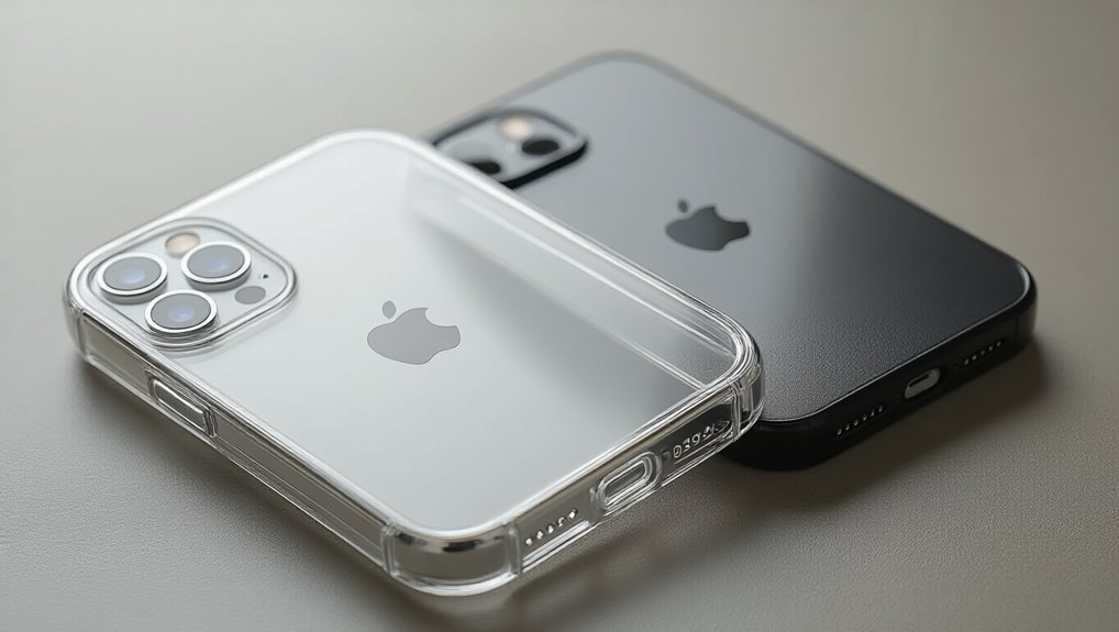 Triple camera iPhone 11 with transparent case on gray surface, showing sleek black and white designs, perfect for tech accessories and smartphone enthusiasts.