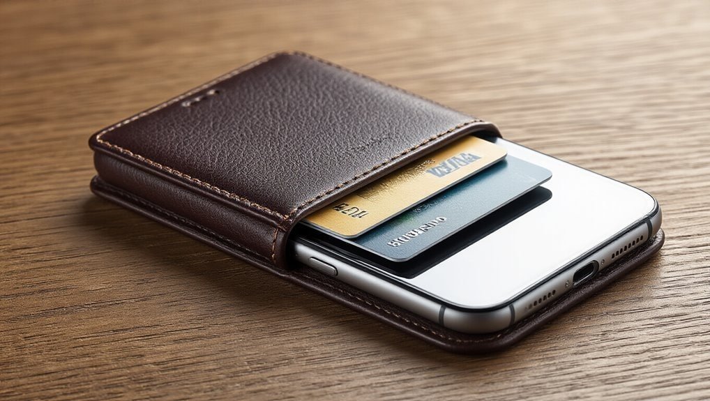 Credit card holder with smartphone on wooden surface, promoting seamless shopping experience.