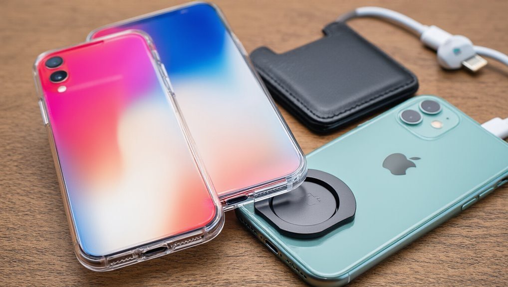 Smartphones with wireless charging, portable power bank, and accessories on wooden surface - perfect for tech enthusiasts and mobile device upgrades.
