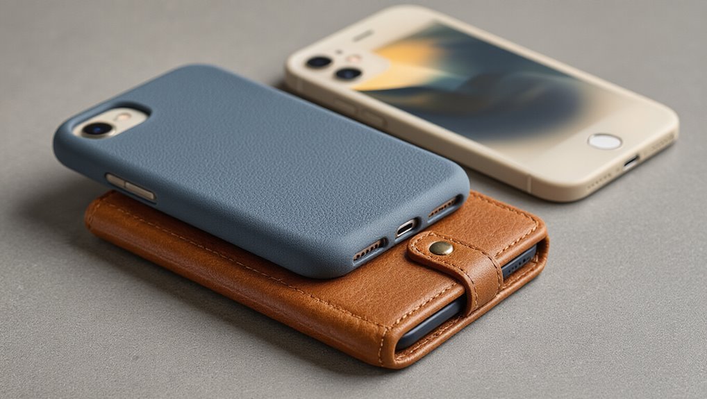 Soft blue phone case on a smartphone with a leather wallet, showcasing electronic accessories during Sale is Live promotional event. Great deals on tech accessories and mobile device protection.