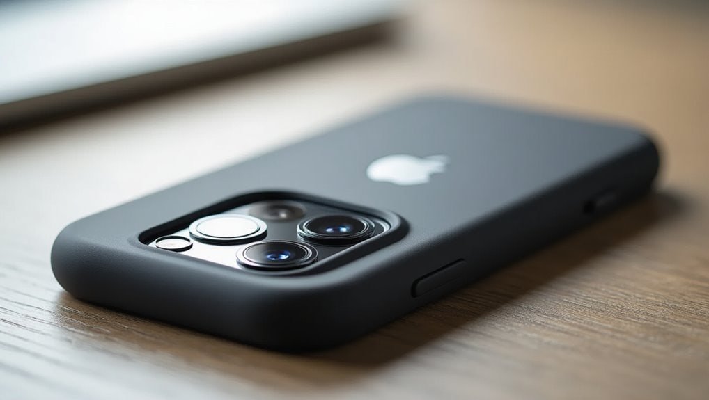 Modern iPhone with camera lenses and Apple logo in a sleek black case on wooden surface during a sale event.