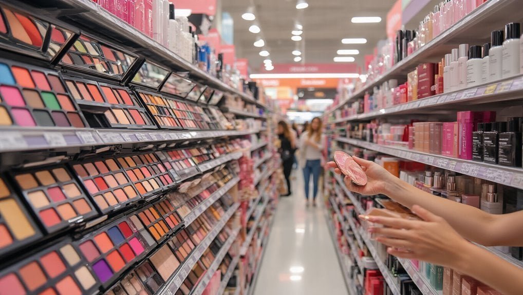 Colorful makeup palettes and beauty products displayed on store shelves during sale event. Customers shopping for cosmetics at a retail store aisle. Perfect for beauty sales, discounts, and cosmetic shopping promotions.