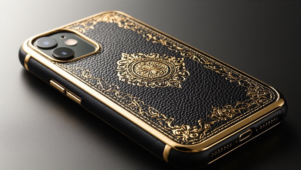 Luxurious black and gold ornate phone case with intricate detailing, perfect for exclusive mobile accessories and premium personalized phone protection.