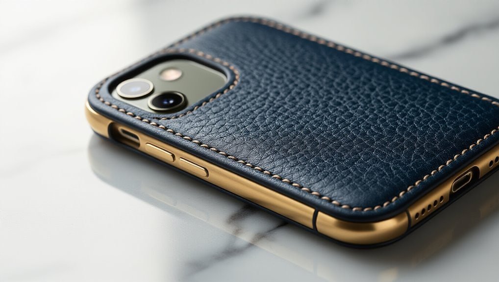 Stylish smartphone with a textured navy leather case, gold accents, and dual camera setup, showcasing luxury phone accessories for sale in the Sale is Live promotion.