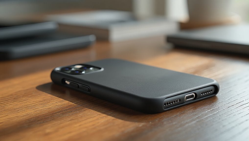 Black smartphone with camera lens on a wooden desk during sale event for electronics and gadgets.