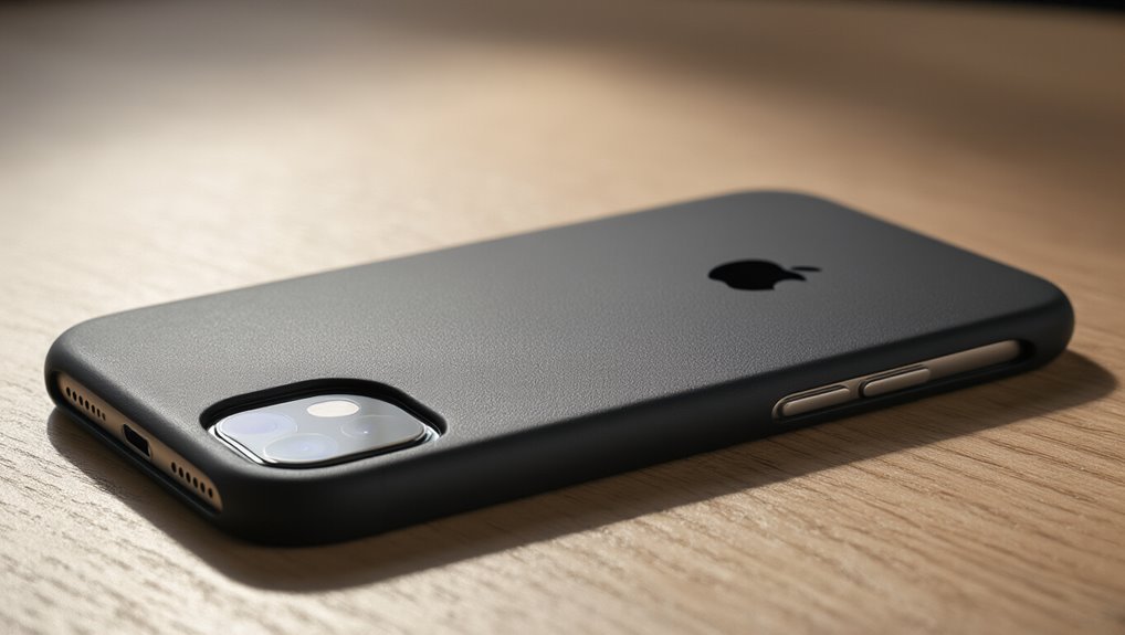Black iPhone with protective case on wooden surface during Sale is Live event.