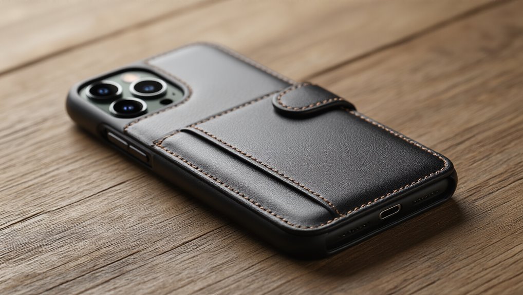 Stylish leather wallet phone case with card slot on a wooden surface, compatible with iPhone 13 Pro, offering protection and easy access.