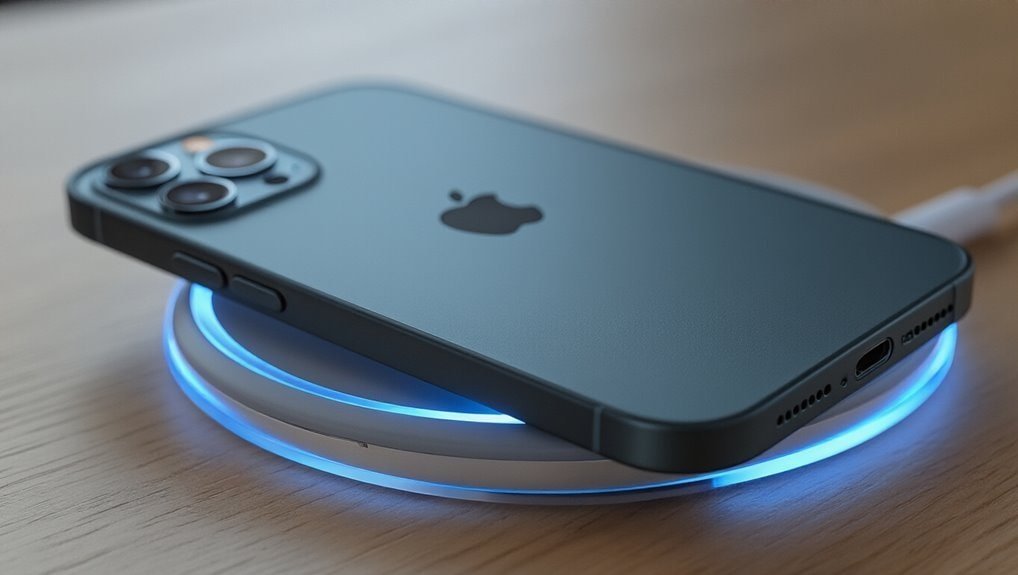 IPhone 13 Pro atop a wireless charging pad emitting blue light, showcasing fast charging technology and modern smartphone features.