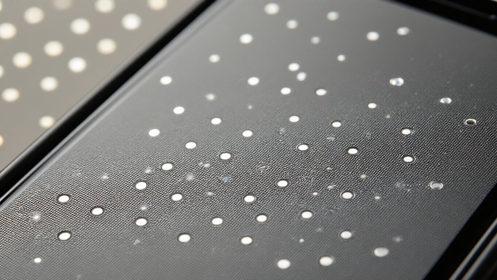 Polished metal surface with circular perforations, close-up view showcasing texture and design.
