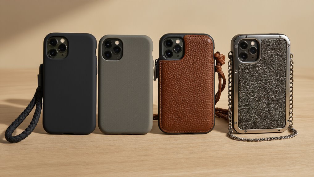 Black and gray iPhone cases with stylish leather and chain accessories, perfect for upgrading your phone protection during sale events.