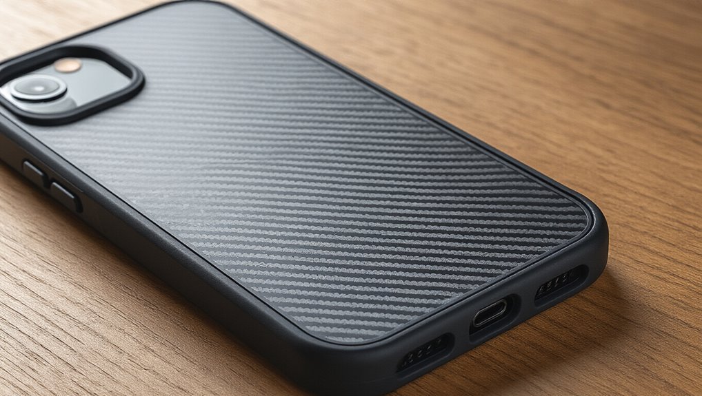 Sleek black smartphone with a textured carbon fiber back cover on a wooden surface, showcasing modern mobile device design and accessories.
