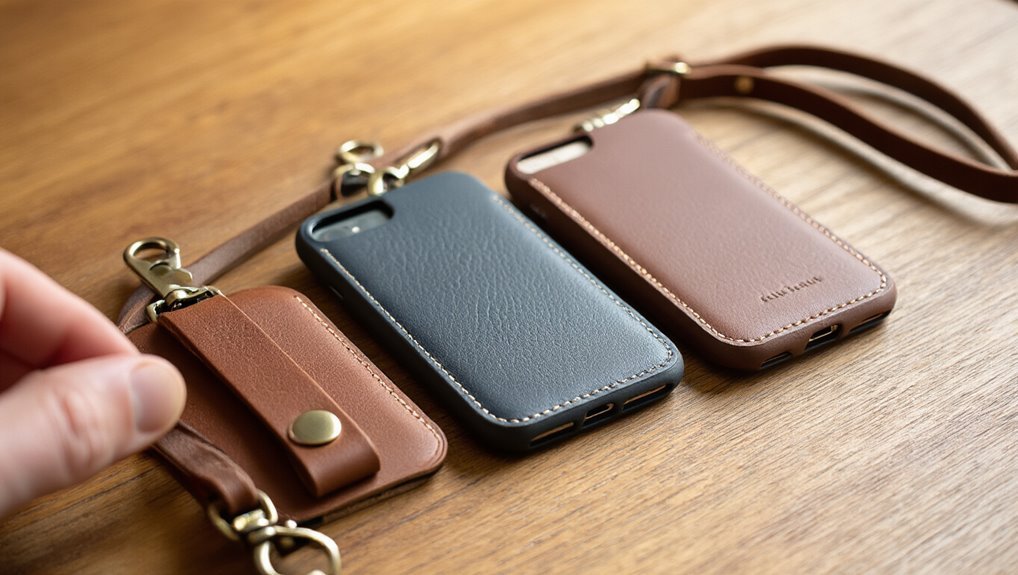 Brown leather phone case with strap, blue leather phone case, and beige leather phone case from Sale is Live, perfect for stylish and functional mobile accessories during limited time sale.
