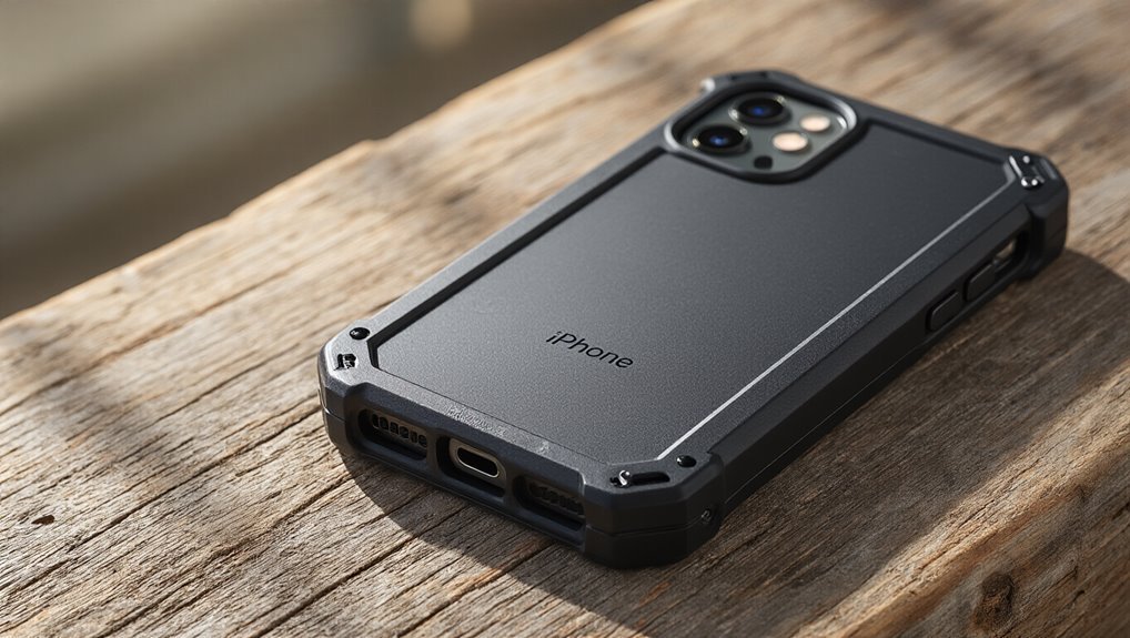 Rugged black iPhone case for enhanced protection and durability, perfect for outdoor use and active lifestyles.