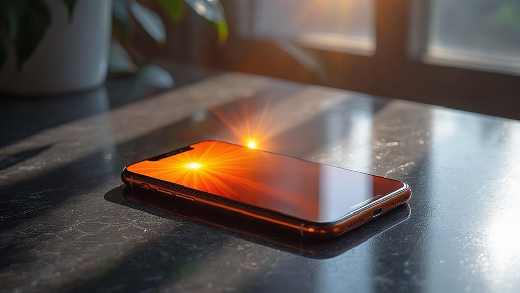 Smartphone on a dark surface with sunlight glare, showcasing modern mobile device technology.