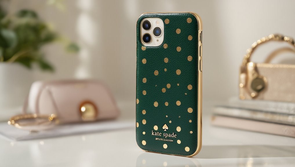 Luxurious green Kate Spade phone case with gold polka dots, stylish and protective for iPhone 11 Pro Max, perfect for fashion-forward tech accessories.