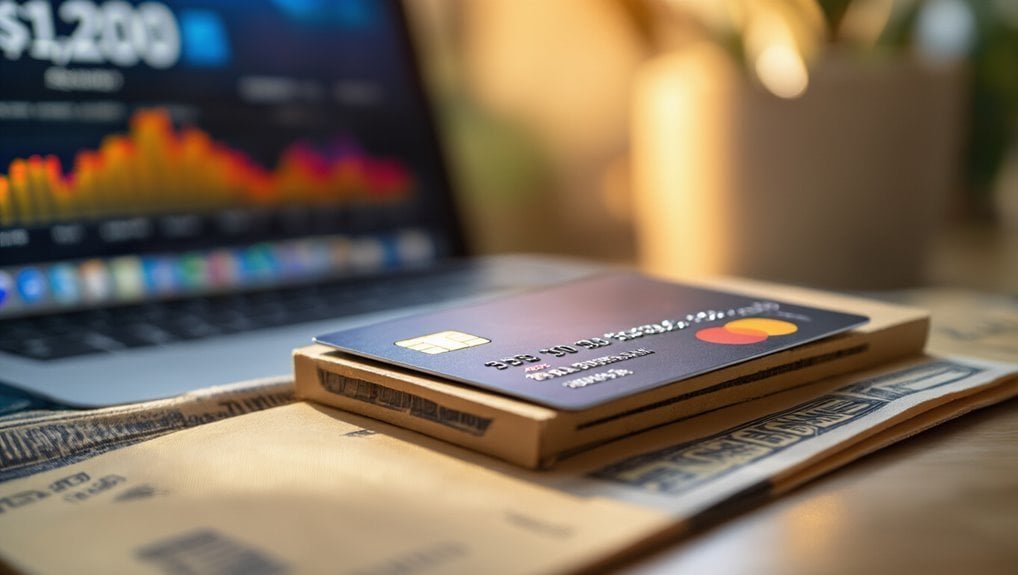 Credit card on newspaper with laptop displaying stock market graph in background.