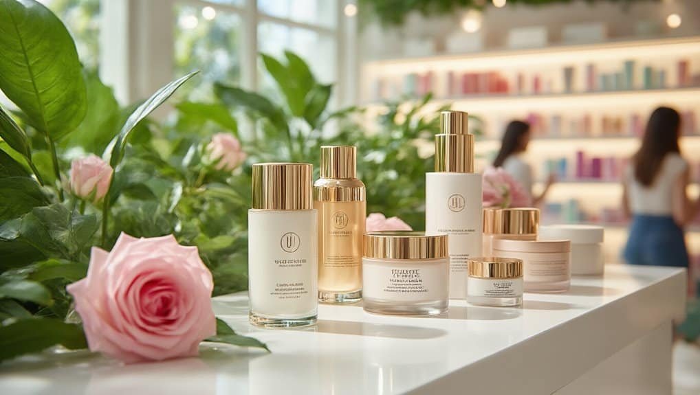 Luxurious skincare products on display with roses in a bright, modern setting emphasizing sale and discounts, perfect for promoting Sale is Live event focus on skincare and beauty deals.