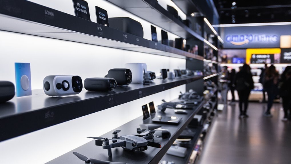 High-tech gadgets and electronic devices displayed on a store shelf, featuring smart home products, drones, and accessories in a modern retail environment with shoppers exploring the products.