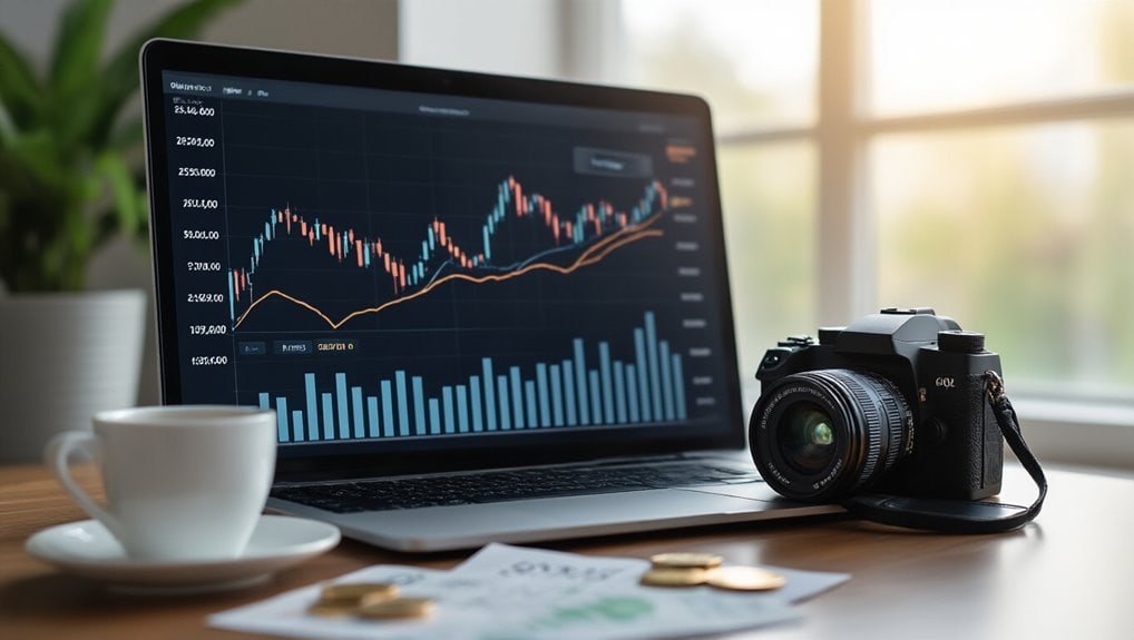 Laptop displaying financial stock charts for online trading and sales analysis.