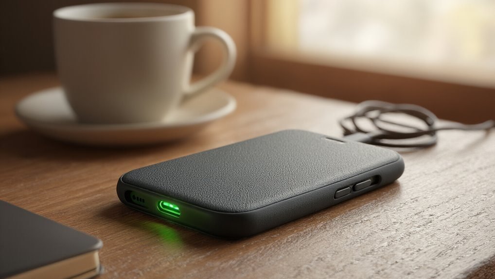 Wireless portable charger on wooden desk with coffee cup and laptop, emphasizing convenient charging solutions for travel and everyday use.