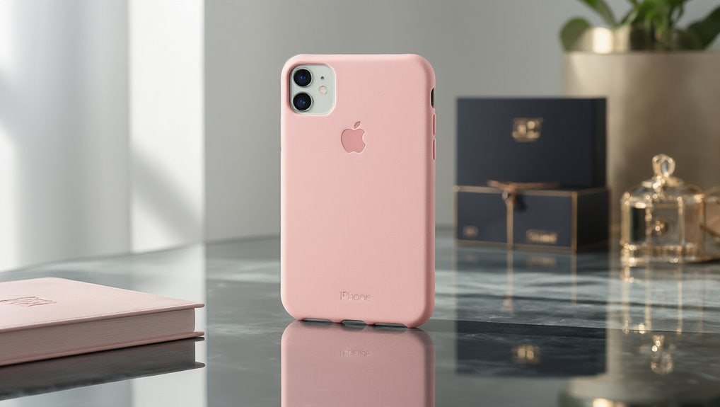 Soft pink iPhone with protective case on a modern marble desk, showcasing sleek design and premium look for tech lovers and smartphone enthusiasts.