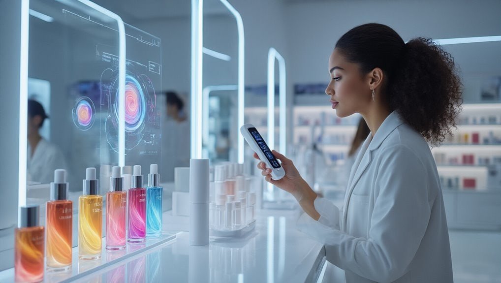 Futuristic skincare lab with advanced technology and colorful beauty serums, showcasing innovation and science-driven beauty products.
