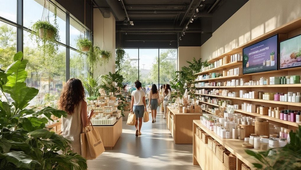 Sale is live retail store interior with natural sunlight, lush green plants, and a wide selection of organic skincare and wellness products displayed on wooden shelves.