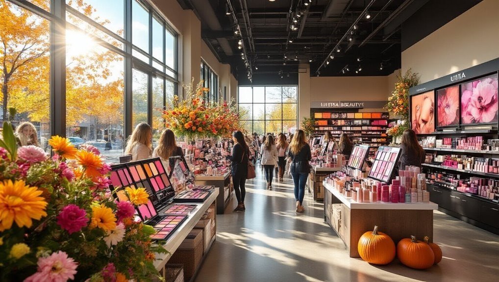 Aisle inside a bright, busy beauty store with large windows, colorful flowers, and shelves stocked with cosmetics and skincare products; autumn pumpkins decor adds seasonal touch.