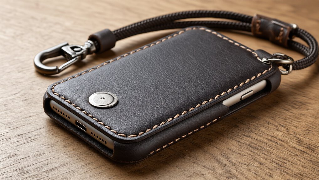 Luxury leather phone case with keyring and carabiner, perfect for secure travel and everyday use. Stylish, durable, and functional accessory for smartphones.