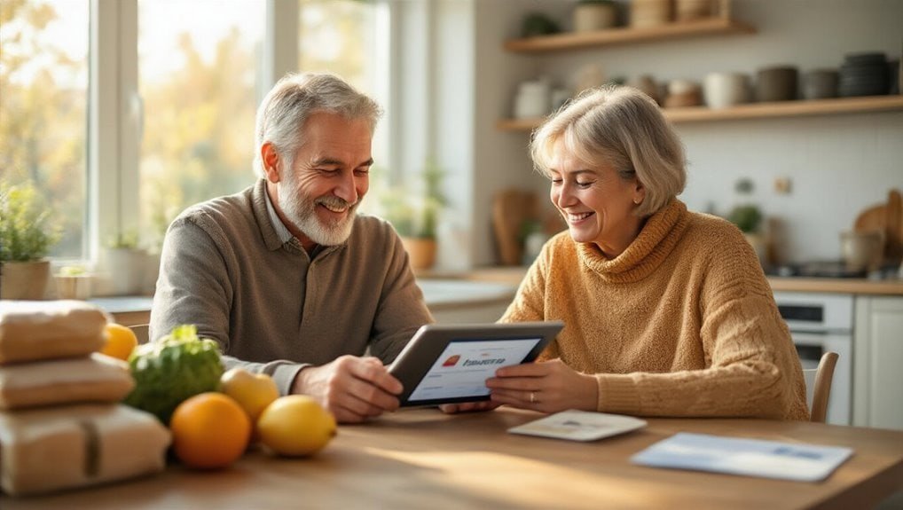 Elderly couple shopping online for groceries during sale event, happy and smiling while using a tablet at home.