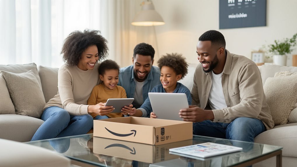 Bright family enjoying online shopping during sale event with Amazon tablet and laptop in cozy living room.