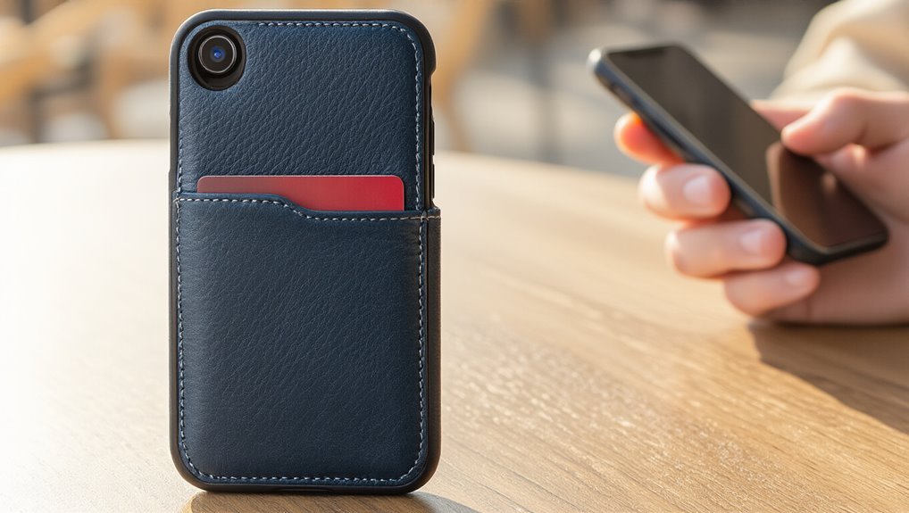 Smartphone with a leather wallet case featuring a card slot, placed on a wooden table with a person using a mobile device in the background.