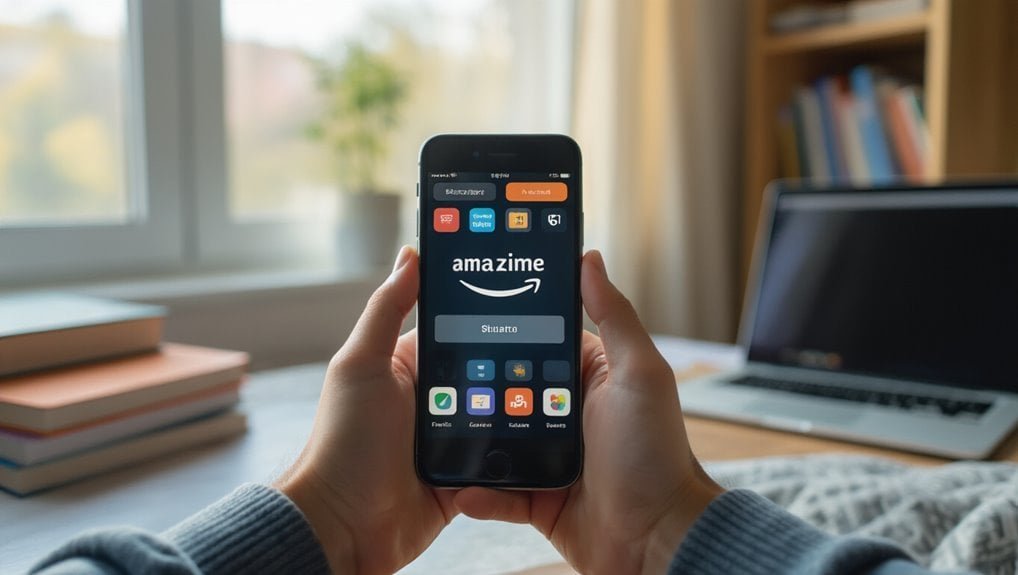 A person holding a smartphone displaying the Amazon app on a desk with books, a laptop, and a window in the background.