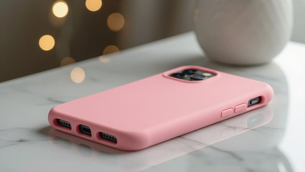 Sleek pink smartphone with protective case on marble surface, showcasing modern mobile device design and accessories for tech enthusiasts.