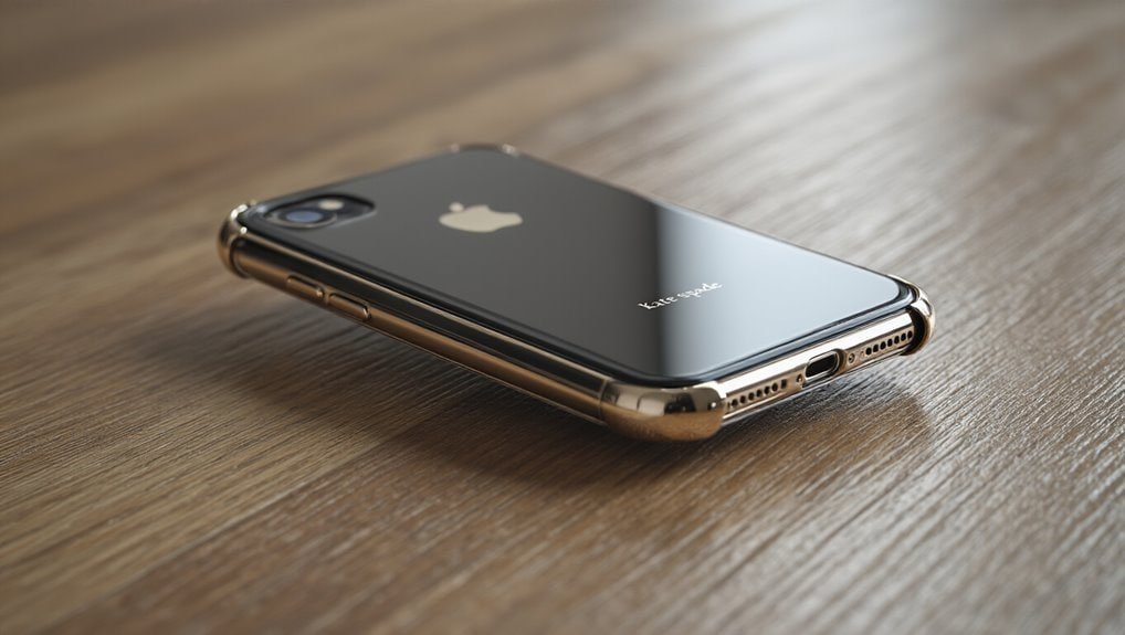 IPhone with a sleek black back and gold edges lying on a wooden surface, showcasing modern smartphone design and technology.