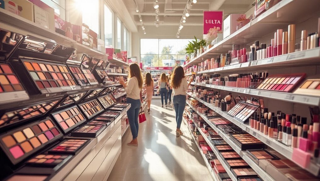 Vibrant makeup aisle in a beauty store, showcasing blush, lipstick, and eyeshadow products on organized shelves for sale. Customers shopping for the latest cosmetic trends.