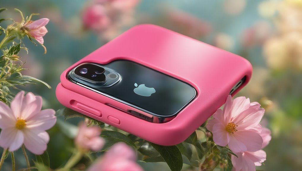 Iphone 13 with pink protective case on pink flowers outdoor for saleislive promotion.