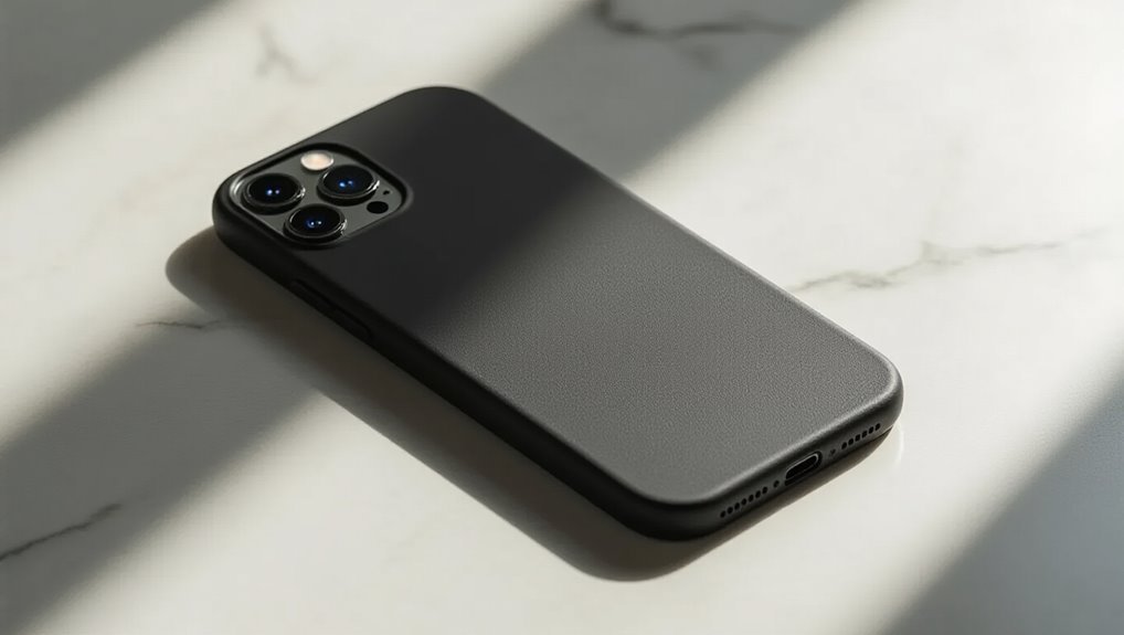 Black smartphone with triple camera system on a marble surface, featuring sleek design and modern technology.