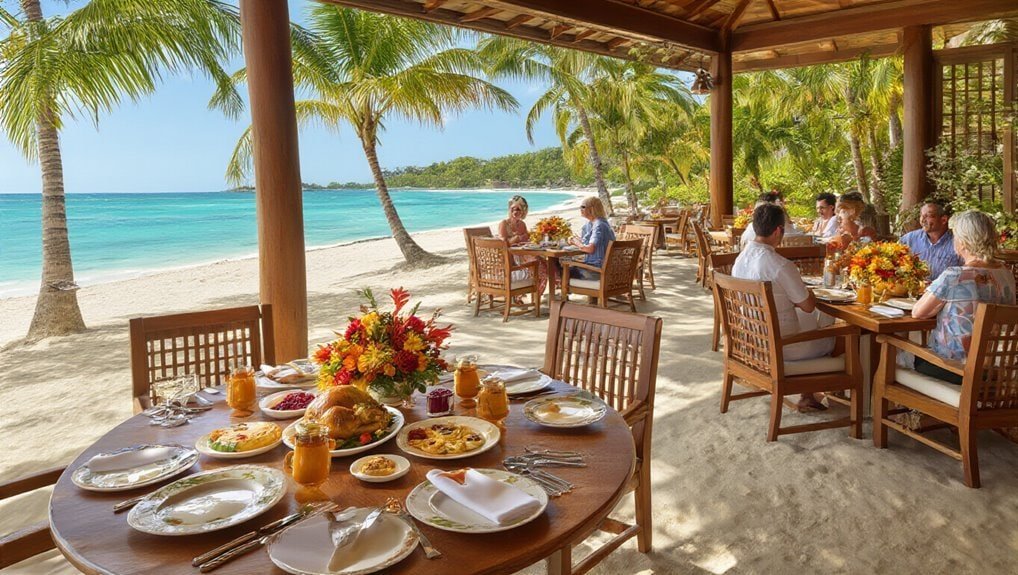 Vibrant outdoor beachside restaurant with tropical palm trees and ocean view, featuring guests enjoying a luxurious meal under a thatched roof. Perfect for tropical dining and seaside dining experiences.