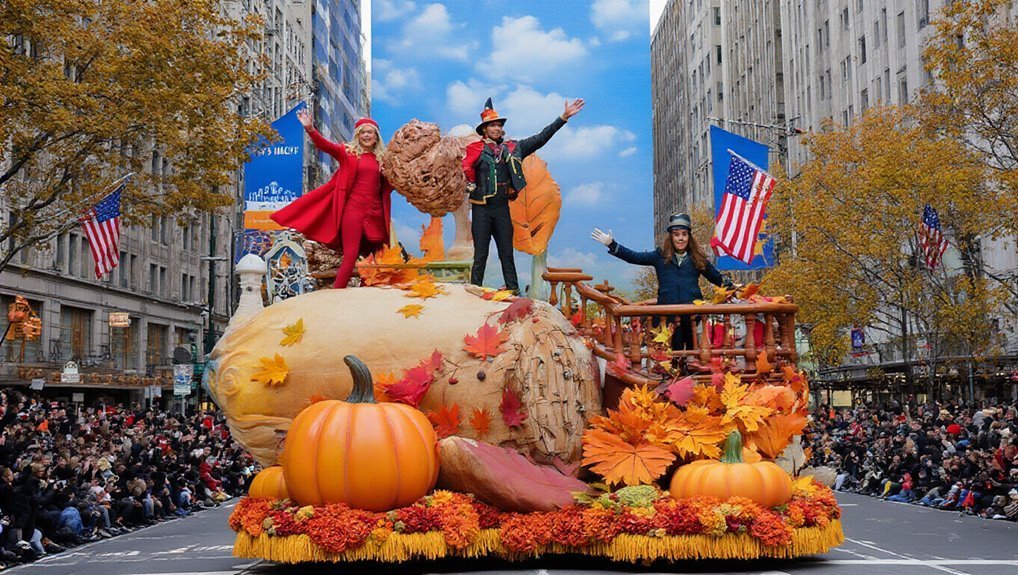 Colorful Thanksgiving parade float featuring fall harvest themes, pumpkins, and autumn leaves, with joyful performers waving to large crowd during parade on city street.
