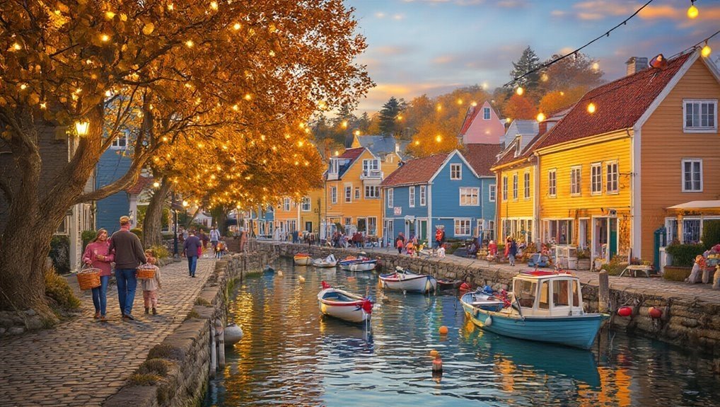 Colorful waterfront village with charming yellow, blue, and red houses, illuminated by string lights during sunset, featuring boats docked in the canal and people enjoying evening strolls, promoting sale events.