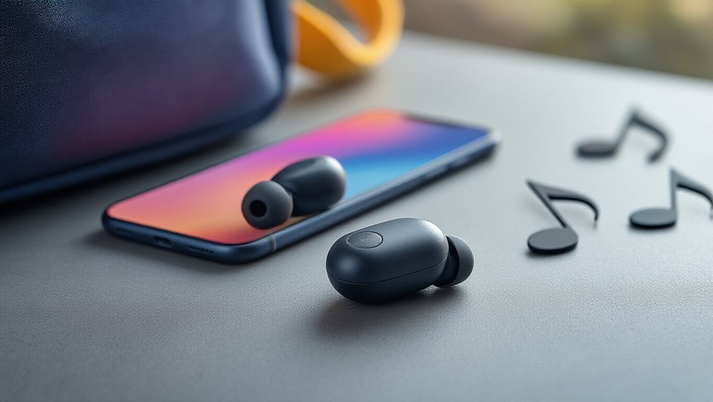 Wireless earbuds with a smartphone and musical notes, ideal for portable music and audio on sale.