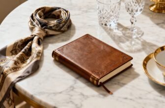 Elegant marble table setting with a leather-bound journal, crystal glassware, and gold-rimmed china for a luxurious shopping experience during Sale is Live.