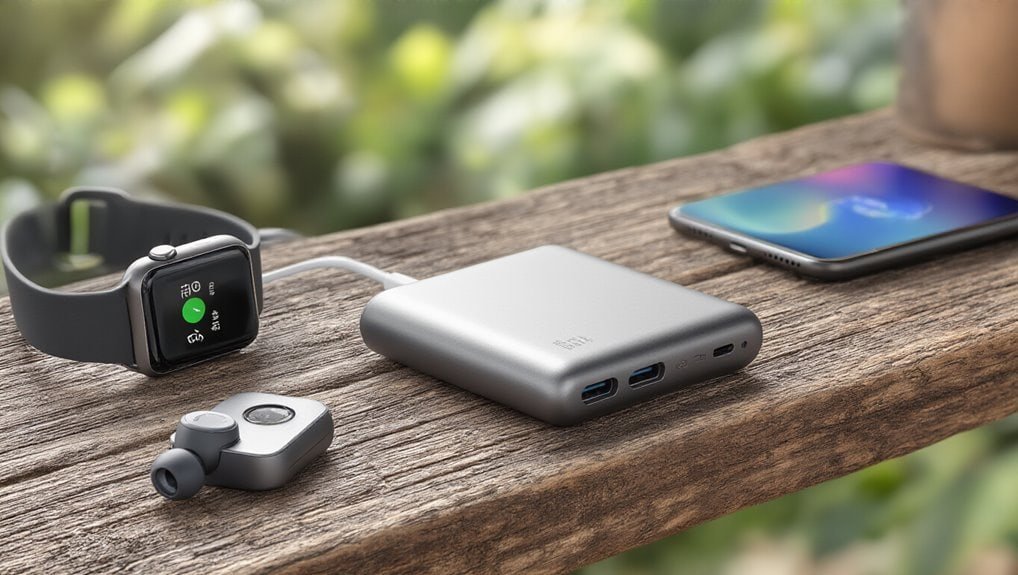 Compact portable charging device connected with smartwatch, smartphone, and wireless earbuds on wooden surface, showcasing the benefits of fast charging and digital accessories for busy lifestyles.