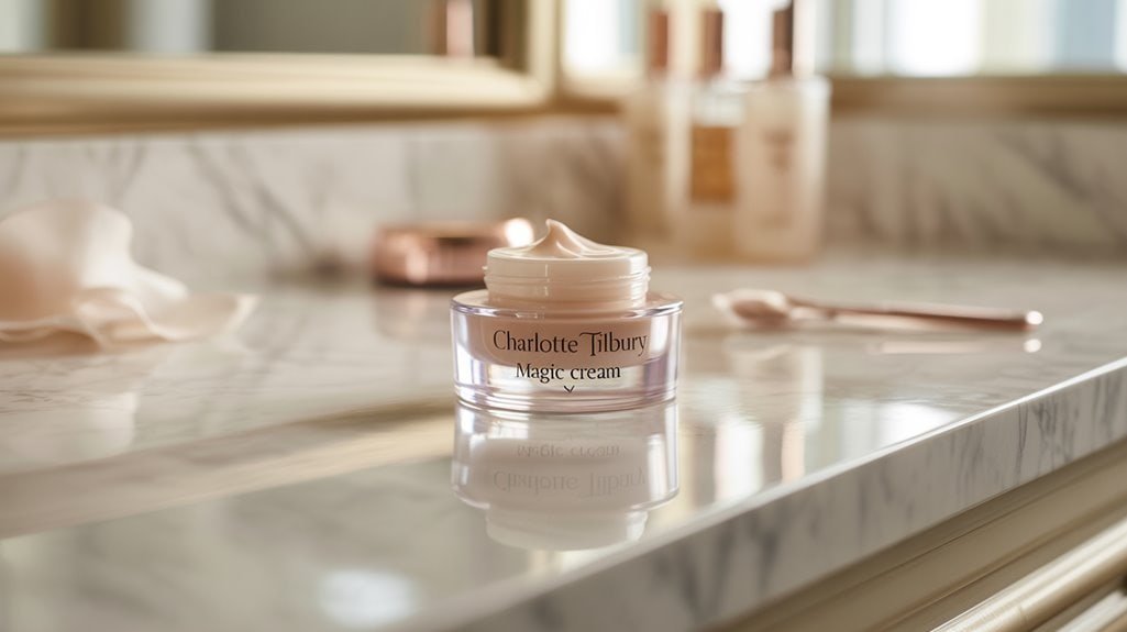 Luxury skincare cream jar with Charlotte Tilbury Magic Cream on a marble countertop, spa or bathroom setting, promoting beauty and skincare products, Sale is Live sale event, high-quality beauty essentials, radiant skin, skincare deals, optimal skincare routine, sale event, skincare products, beauty discounts, skincare sale, skincare offers.