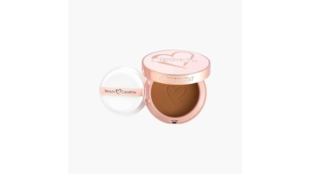 Cream bronzer in a round, pink compact with a heart design in the center, labeled "Beauty Creations" and "Flawless Stay".