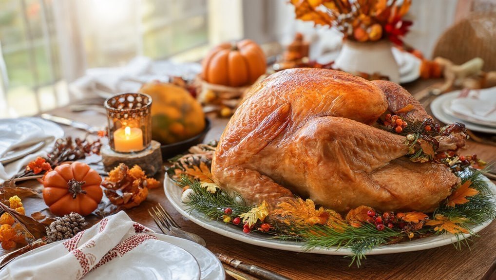 Golden roasted Thanksgiving turkey on a festive fall table setting with pumpkins, autumn leaves, and candles. Perfect for holiday dinner, sale promotions, and seasonal celebrations.