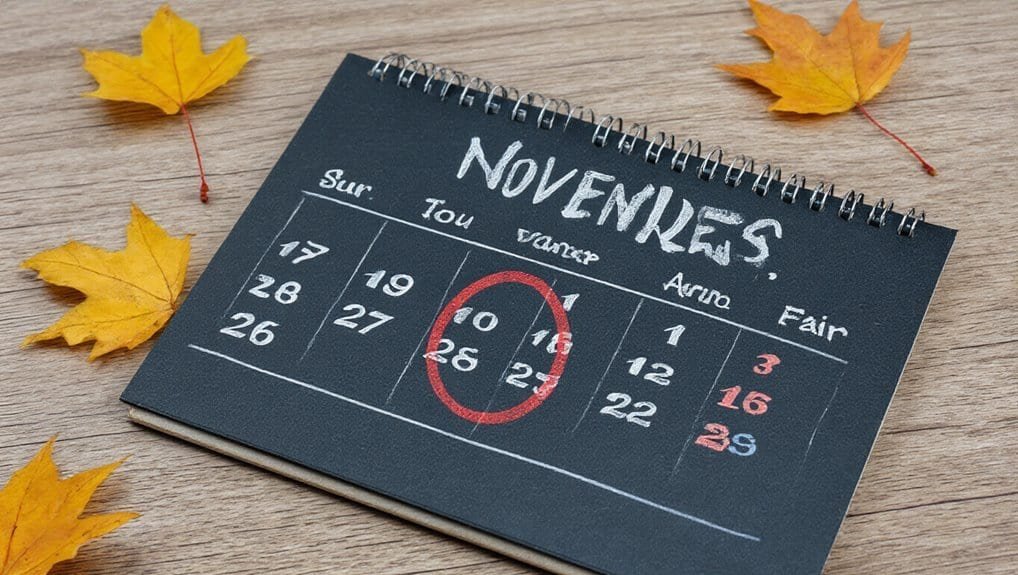 October calendar page with November highlighted, surrounded by fall maple leaves for seasonal sale promotion.